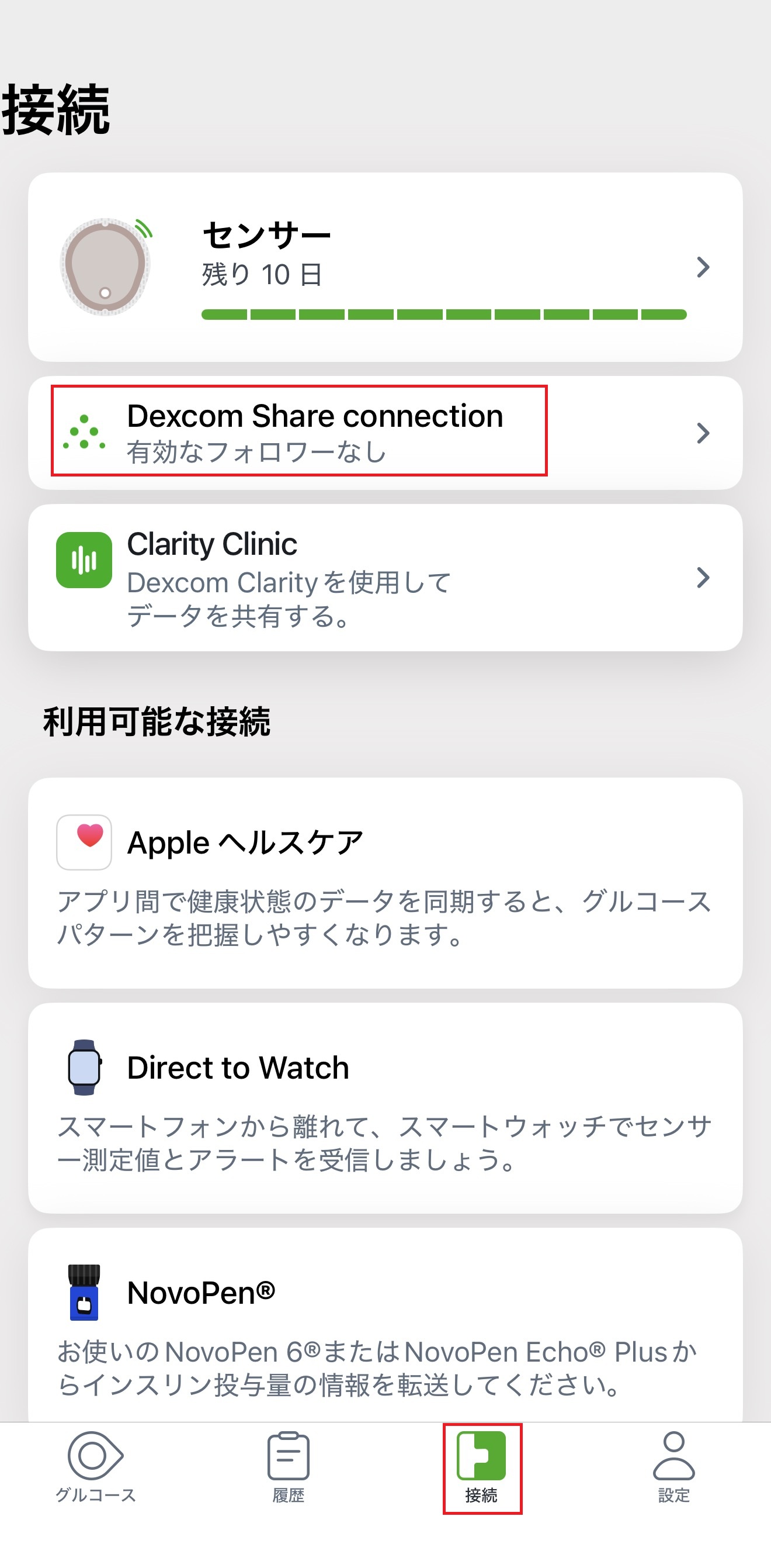 Dexcom G7の接続一覧。Dexcom Share connectionが赤枠で示されている