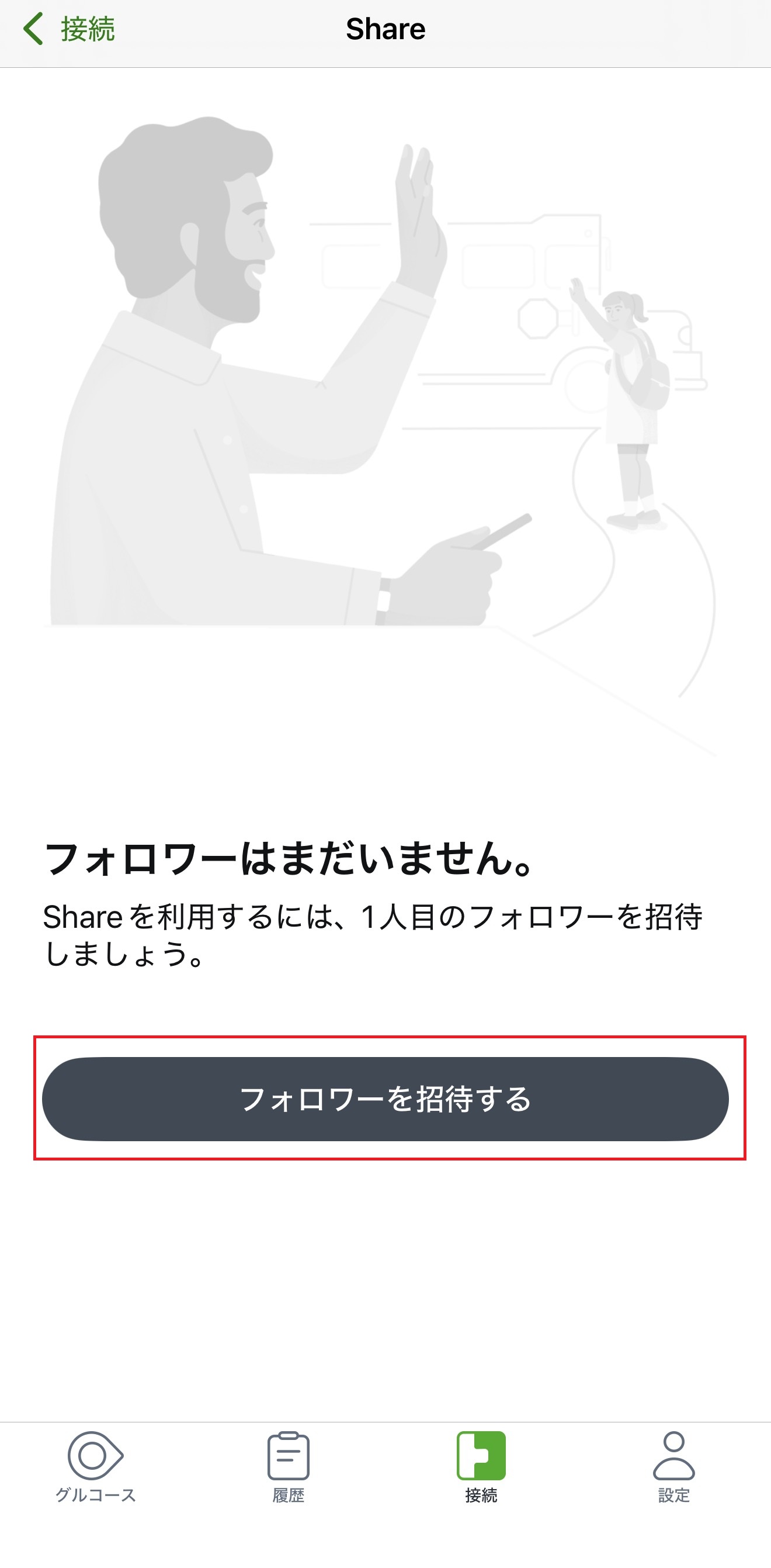 Dexcom Shareのフォロワー未登録画面。フォロワーを招待するボタンが赤枠で示されている