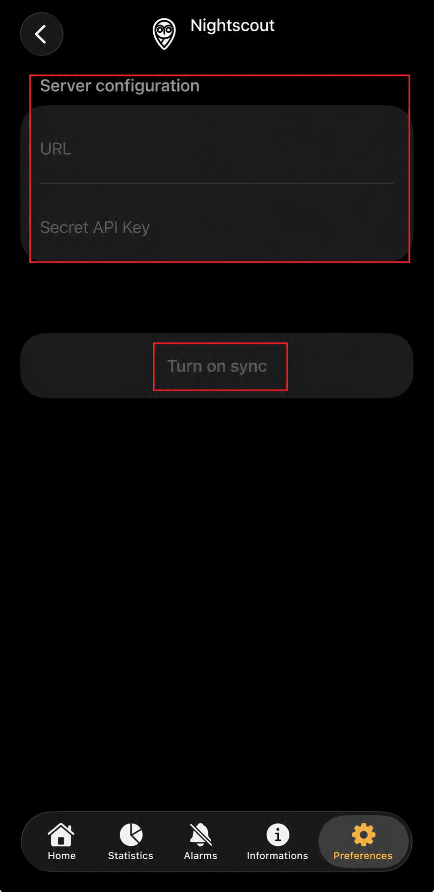 Guardian MonitorのNightscout設定にあるURL、Secret API Key、Turn on sync