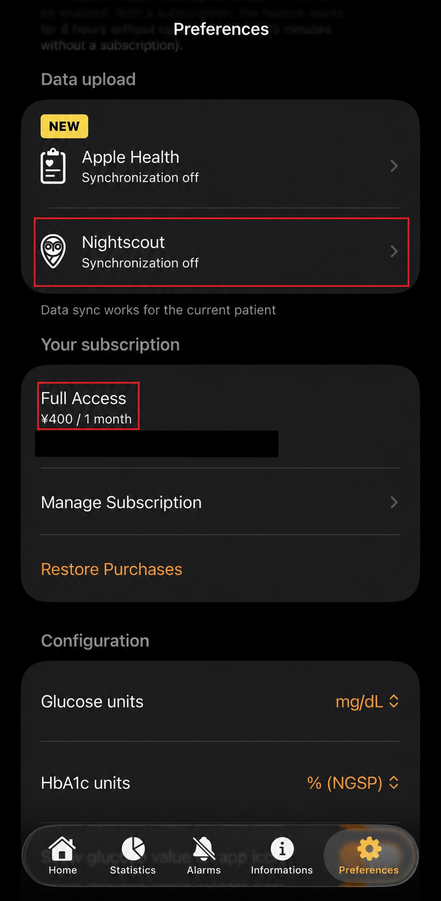 Guardian MonitorのPreferencesにあるNightscoutとFull Accessの表示