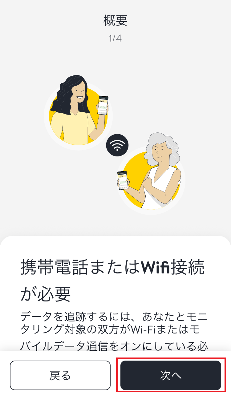 LibreLinkUpの概要1。携帯電話またはWi-Fi接続が必要という説明と次へボタン